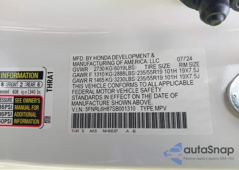 2025 Honda Odyssey Touring z USA, uszkodzony, nr VIN 5FNRL6H87SB001310